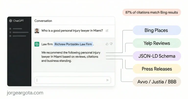 Diagram showing how ChatGPT generates law firm recommendations by pulling data from Bing Places, Yelp Reviews, JSON-LD Schema, Press Releases, and legal directories like Avvo Justia and BBB