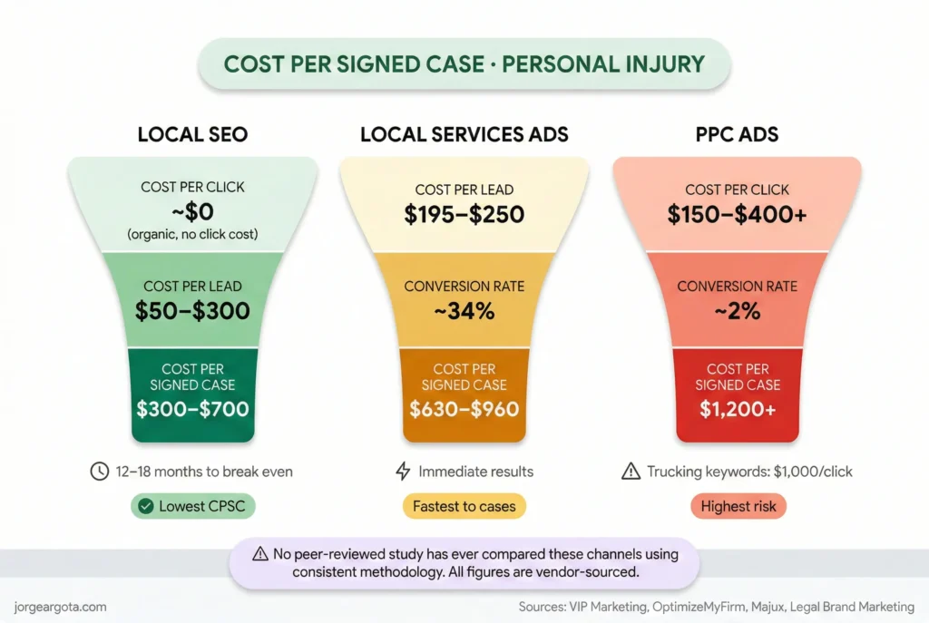 Three parallel funnels narrowing from click cost to lead cost to signed case cost. SEO in green ($300–$700), LSA in amber ($630–$960), PPC in coral ($1,200+). Each funnel has a badge below — "Lowest CPSC," "Fastest to cases," "Highest risk." The vendor-source disclaimer sits at the bottom in purple because honesty is the brand.