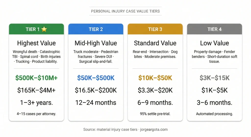 Four-tier comparison of personal injury case values from Tier 1 highest value at $500K to $10M+ through Tier 4 low value at $3K to $15K, showing settlement ranges, firm fees, and duration for each tier.