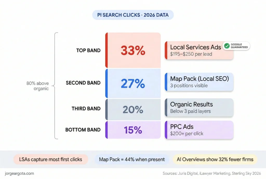 Vertical stacked bar showing the 33/27/20/15 split across LSAs, Map Pack, organic, and PPC. Makes it visually obvious that organic sits beneath three paid layers. The bracket on the left labels "80% above organic" so readers instantly see the problem.