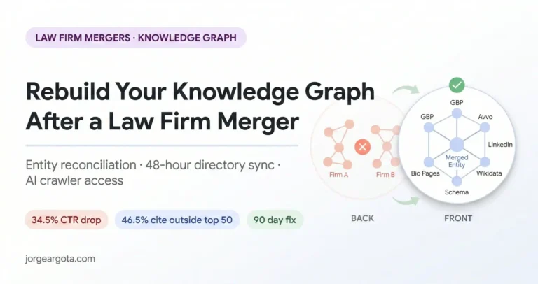 Featured image showing fragmented knowledge graph with two disconnected law firm entity clusters transforming into one unified merged entity network with connected nodes for GBP Avvo LinkedIn Wikidata and Schema plus statistics showing 34.5 percent CTR drop and 46.5 percent of AI citations from outside top 50 rankings