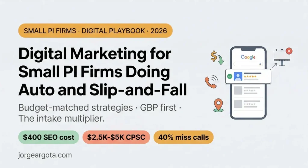 Featured image showing a mobile phone displaying Google local pack results for a small personal injury firm, with icons representing cost reduction, answering service, and hyper-local targeting, plus stat pills showing $400 SEO cost, $2,500 to $5,000 cost per signed case, and 40 percent of firms missing calls.