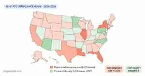 Map of the United States color coded showing approximately 27 states in coral that require a physical address on law firm websites and approximately 24 states plus DC in green where contact information only is sufficient