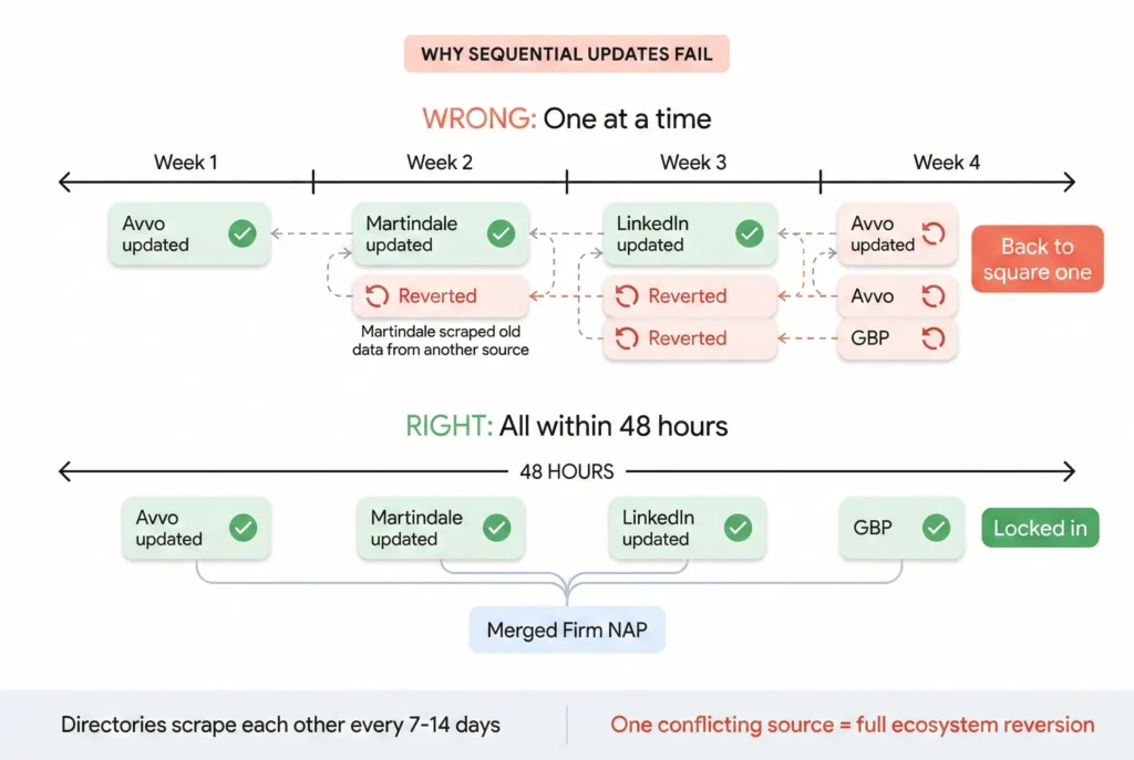 Featured image showing fragmented knowledge graph with two disconnected law firm entity clusters transforming into one unified merged entity network with connected nodes for GBP Avvo LinkedIn Wikidata and Schema plus statistics showing 34.5 percent CTR drop and 46.5 percent of AI citations from outside top 50 rankings