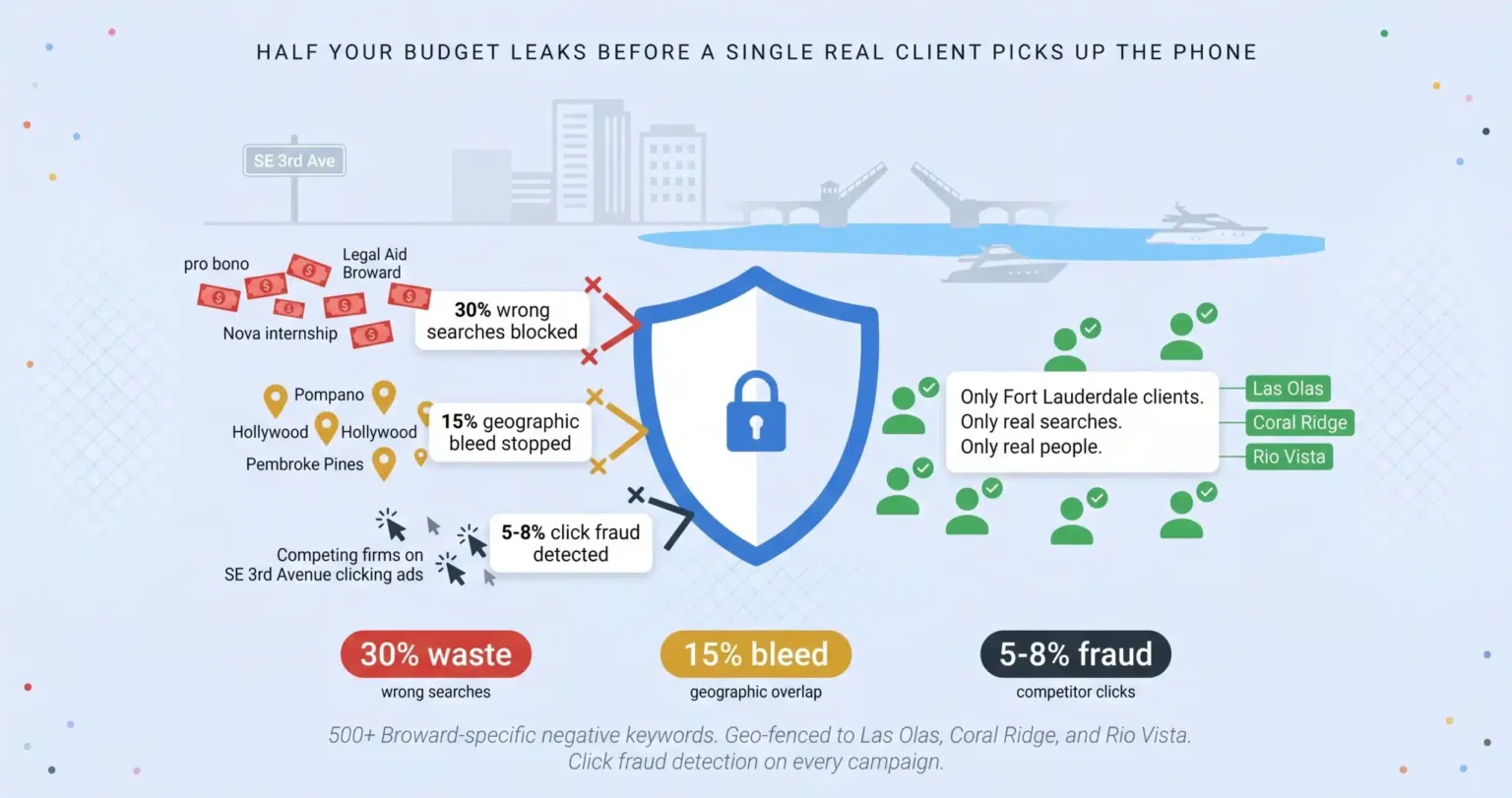 Fort Lauderdale law firm PPC. We block waste searches, stop competitor click fraud, and target Las Olas and Coral Ridge. Real cost per signed case. LSA recovery.