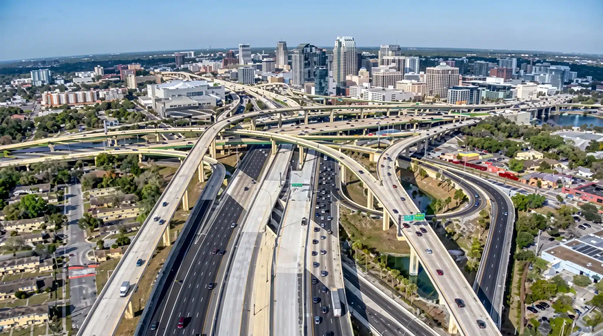 Aerial view of the I-4 and SR-408 East-West Expressway interchange in downtown Orlando, one of Florida's most concentrated crash corridors
