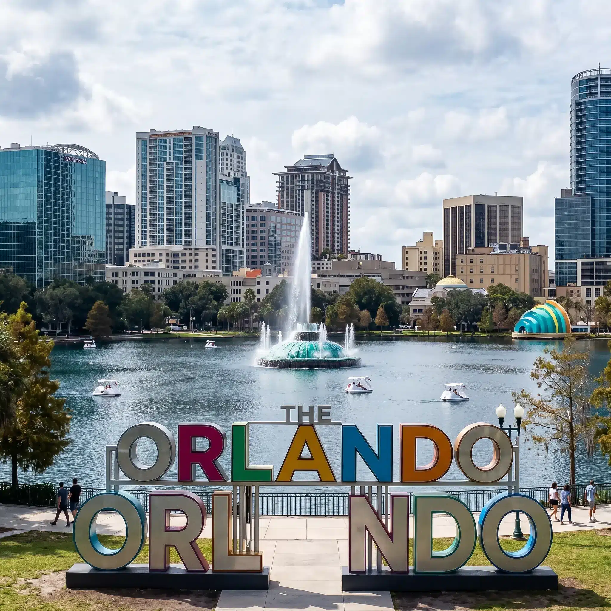 Downtown Orlando skyline from Lake Eola Park, Orange County, Florida, with the Wells Fargo and SunTrust Center towers visible at sunset