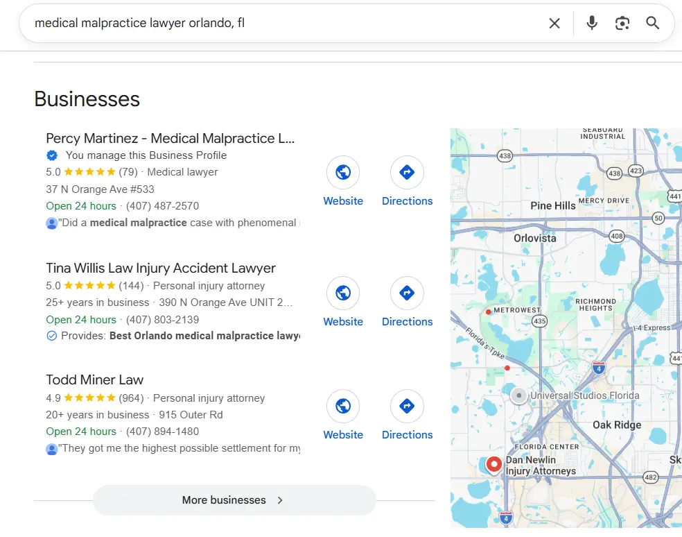 Google search results showing Percy Martinez ranking among top results for medical malpractice lawyer searches in Orlando, April 2026