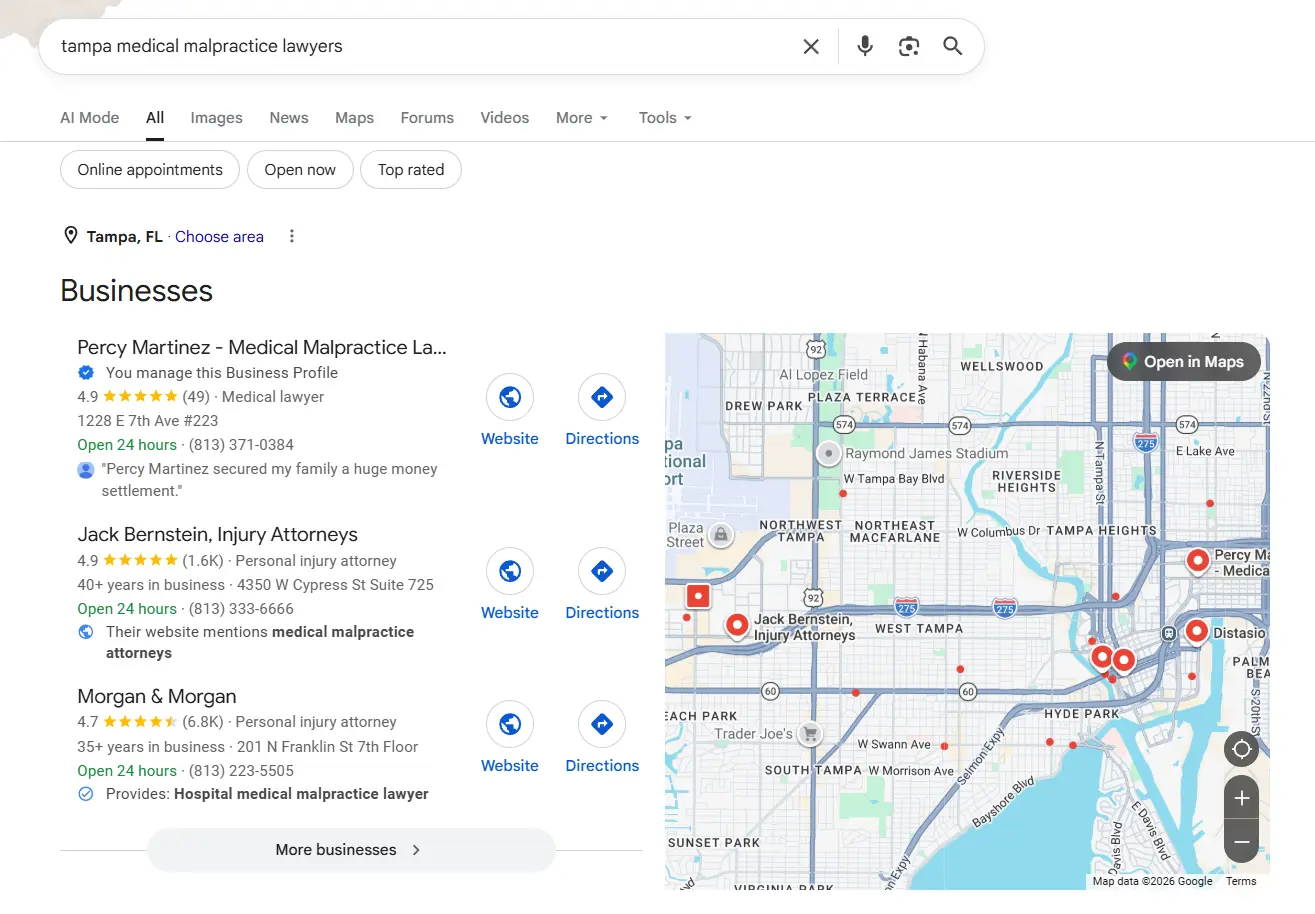 Percy Martinez P.A. live Google rankings in Tampa for medical malpractice queries