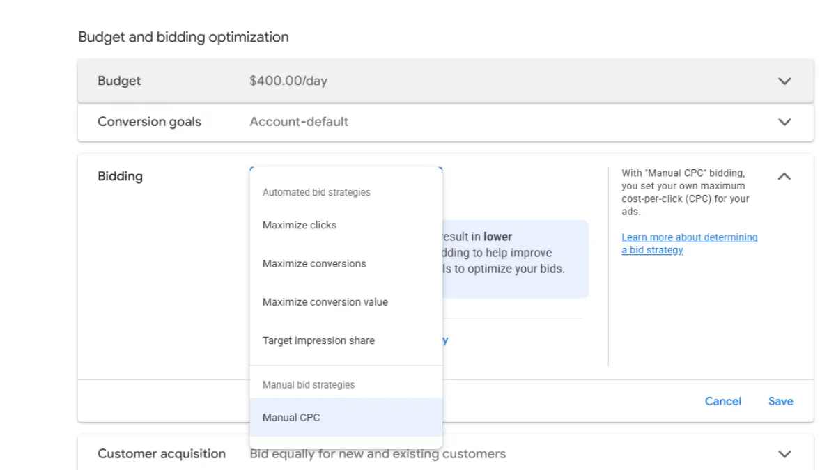 Google Ads bidding strategy selector panel showing Target CPA and Target ROAS options inside a law firm campaign setup