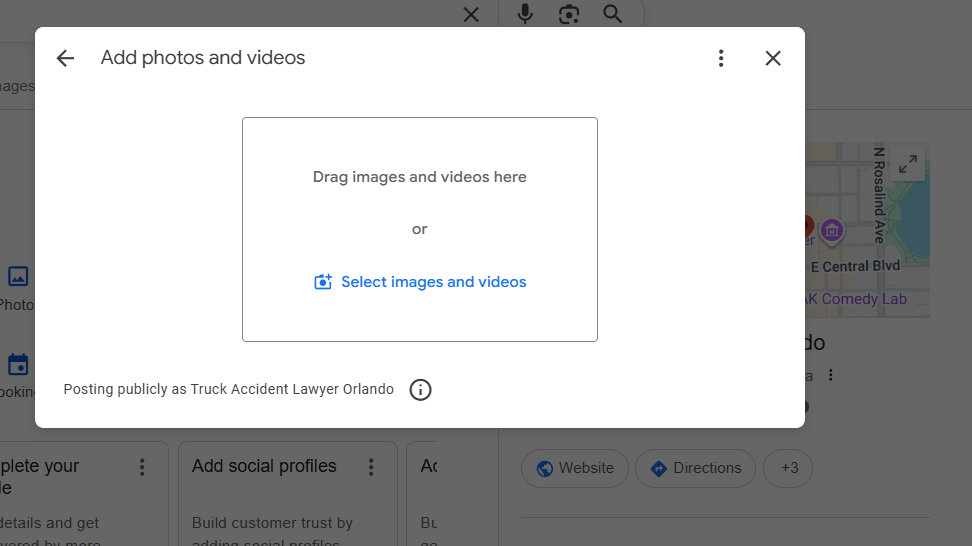 Google Business Profile screenshot showing reviews, photos, posts, and Q&A activity for a solo law firm
