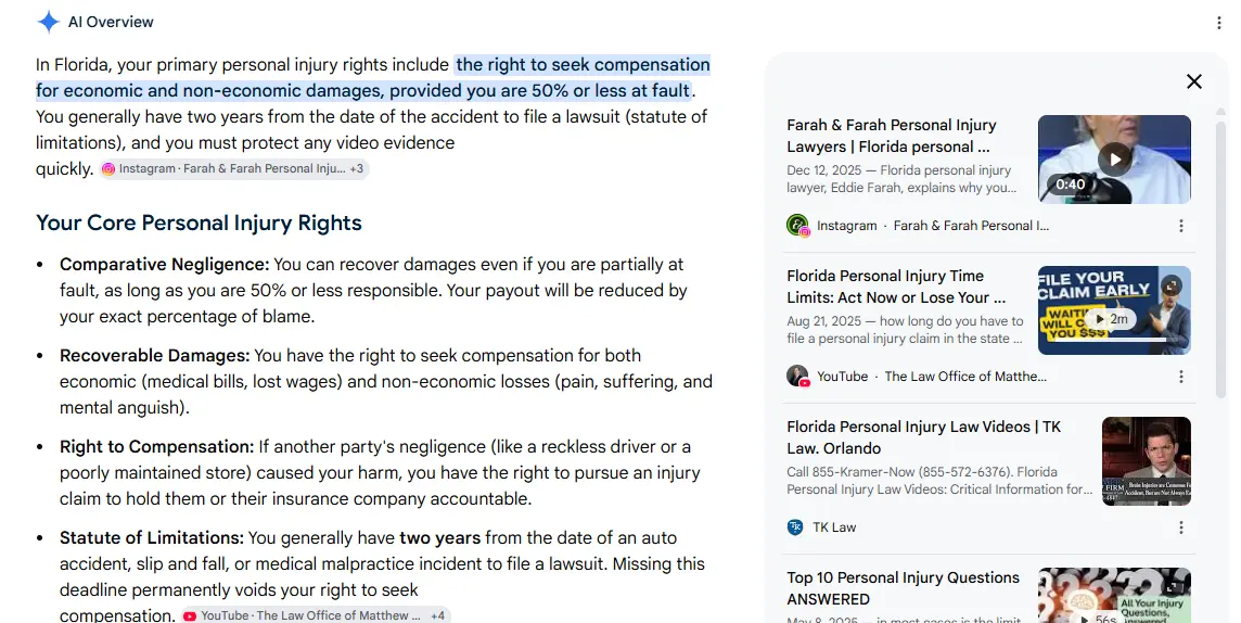 YouTube Shorts and Instagram Reels appearing inline in Google search results for a legal query