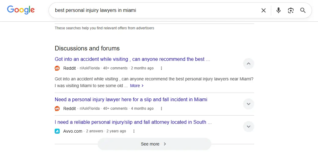 A Reddit thread appearing in Google search results above traditional law firm websites for a legal query