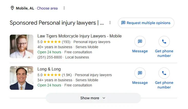Google Local Services Ads result example for a Mobile law firm query