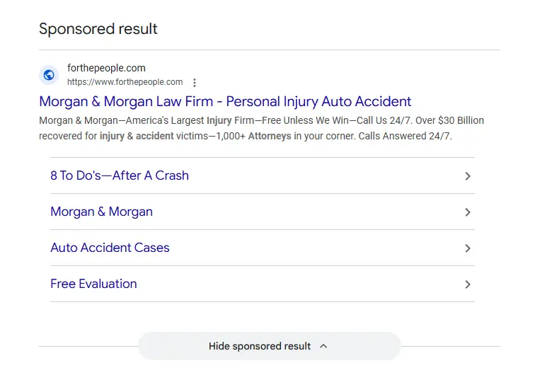 Google Ads search results example for a Mobile law firm query