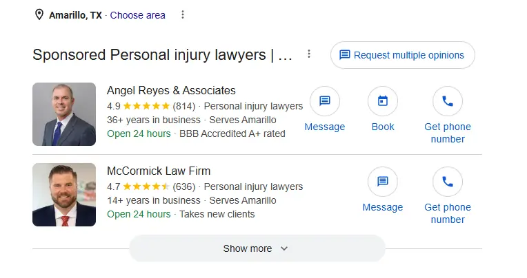 Google Local Services Ads result example for an Amarillo law firm query