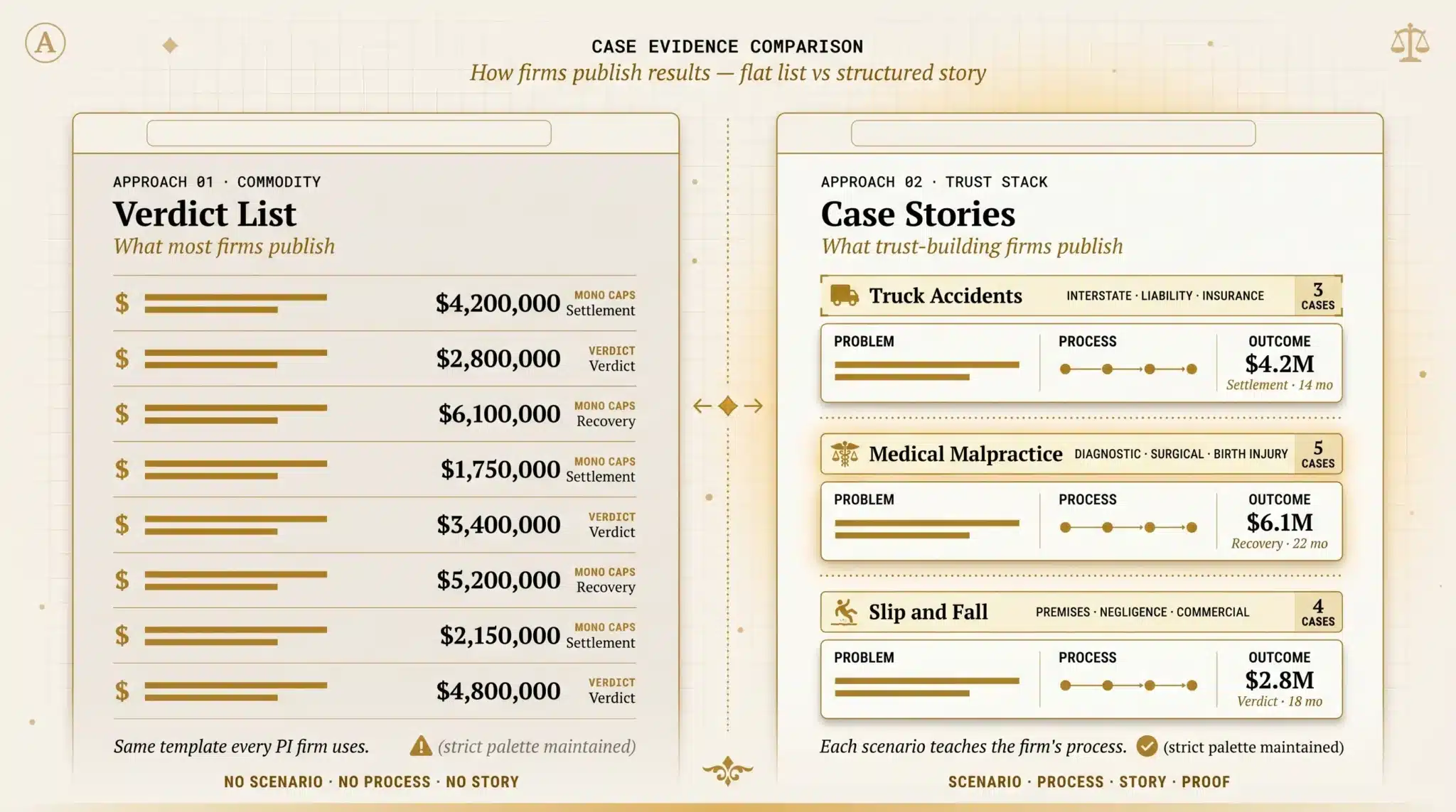 Side by side comparison of a flat dollar verdict list against a scenario organized case results page that groups stories by case type with problem, process, and outcome