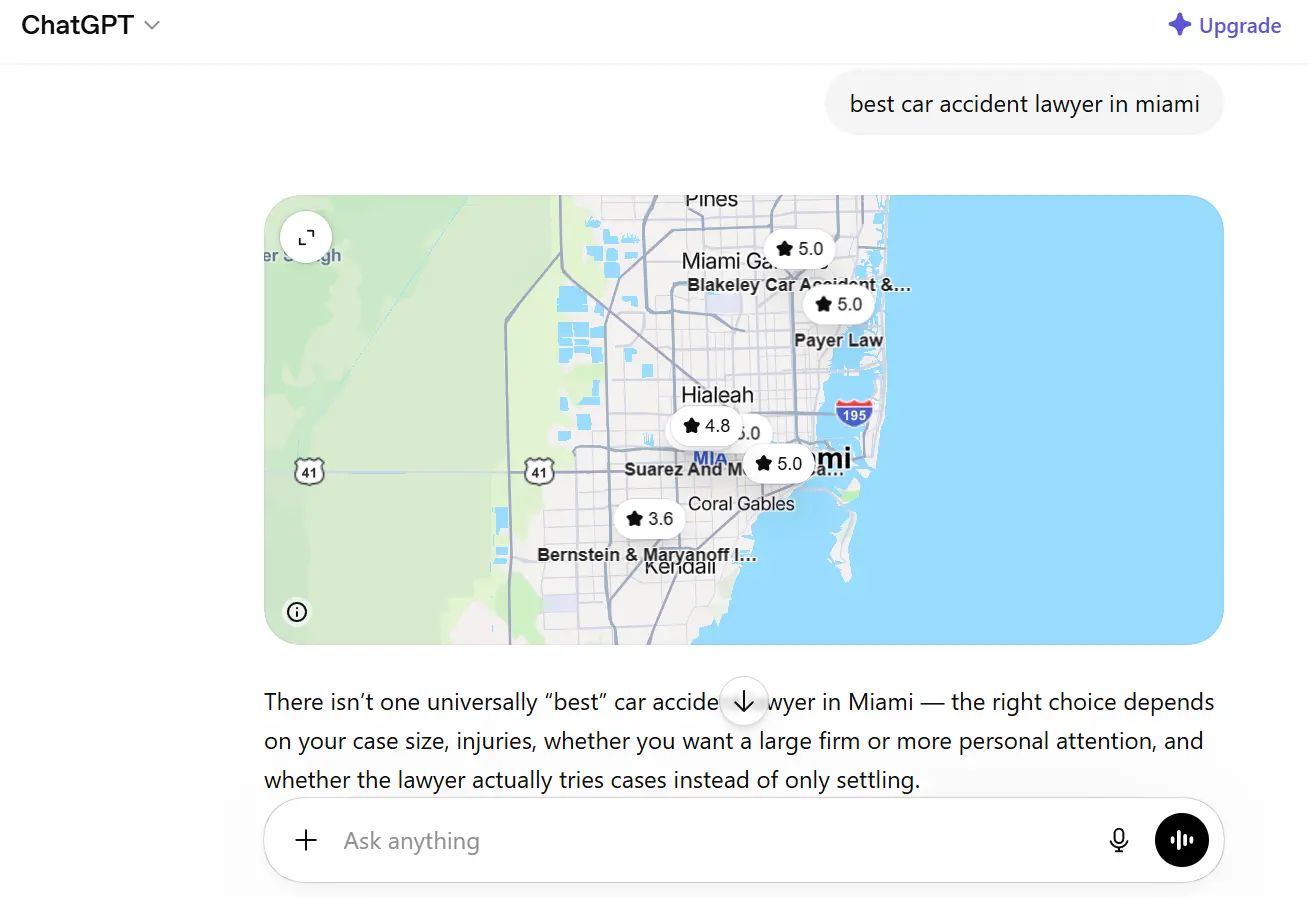 ChatGPT search result naming Percy Martinez P.A. by name for a Miami medical malpractice query