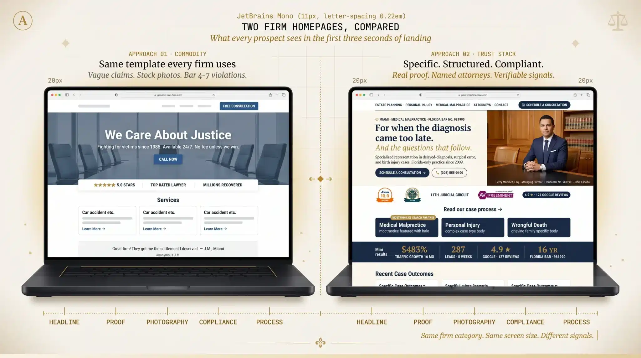 Two law firm home pages compared side by side showing a commodity firm site with generic stock photos and vague claims next to a trust stack site with visible review platforms, process page, and named attorneys