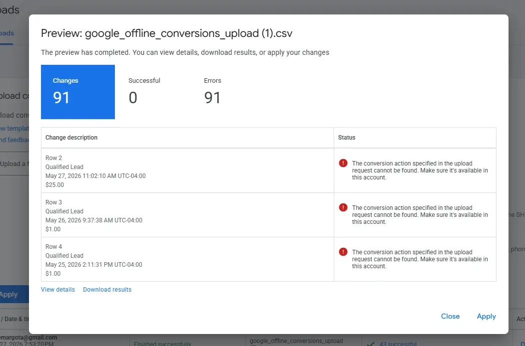 Google Ads upload result showing 91 changes with 84 errors and only 7 successful matches