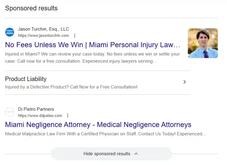 Google Ads search text ad example showing the Sponsored label, headline, URL, description, and sitelinks as they appear below the Local Services Ads section on a Google search result page