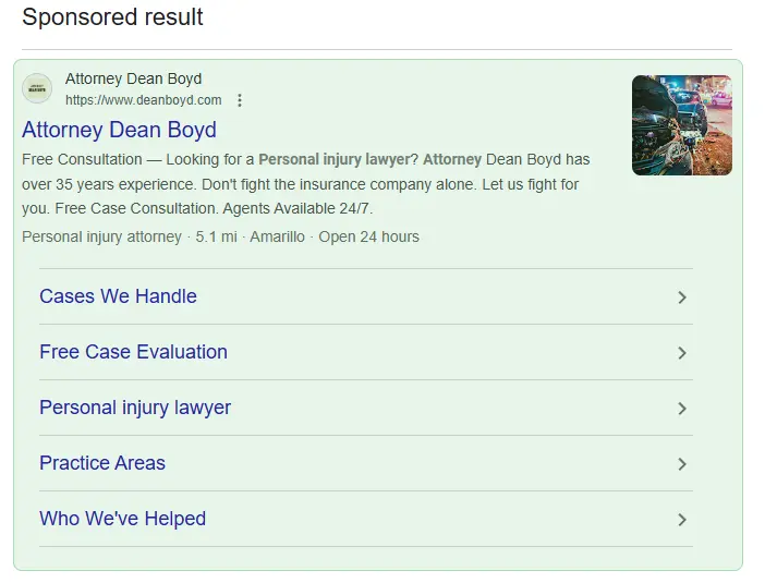 Google Ads search results example for an Amarillo law firm query