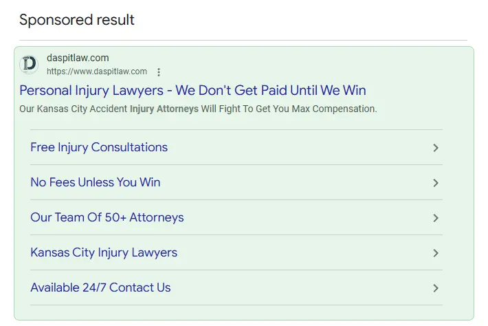 Google Ads search results example for an Overland Park law firm query