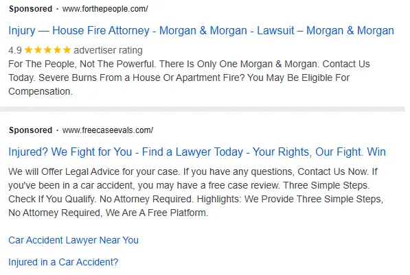 Google Ads search results example for an Sioux Falls law firm query