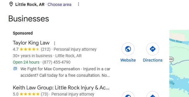 Google Ads search results example for an Little Rock law firm query