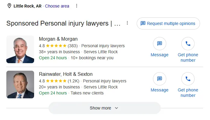 Google Local Services Ads result example for an Little Rock law firm query