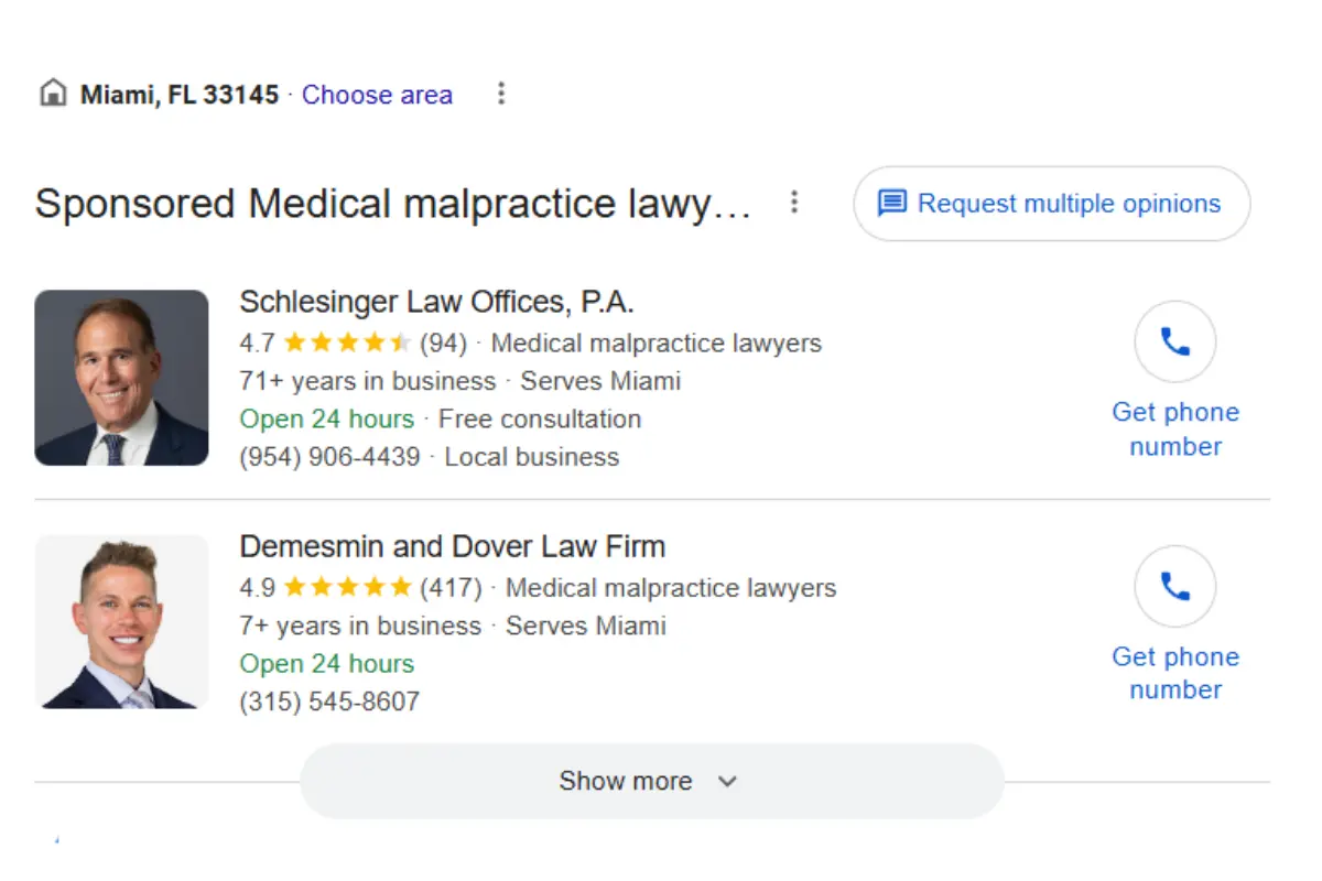 Google Screened Local Services Ads card example showing law firm name, rating, Google Screened badge, and click to call button as it appears at the top of a Google search result page