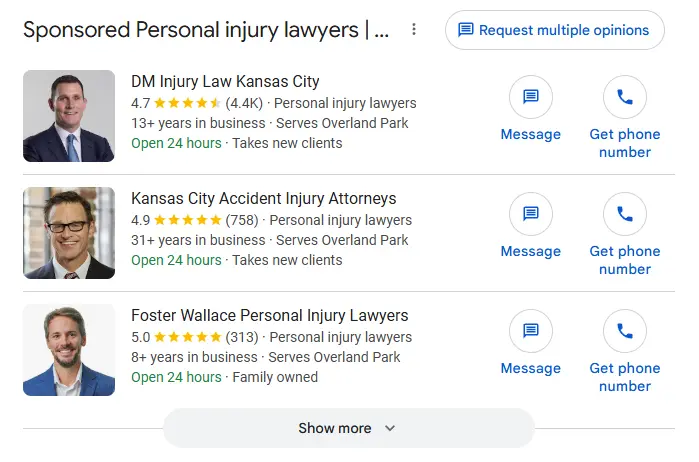 Google Local Services Ads result example for an Overland Park law firm query