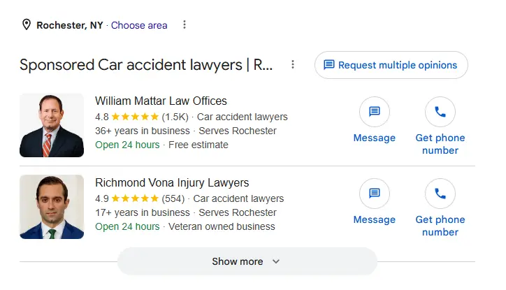Google Local Services Ads result example for an Rochester law firm query