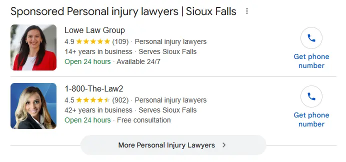 Google Local Services Ads result example for an Sioux Falls law firm query