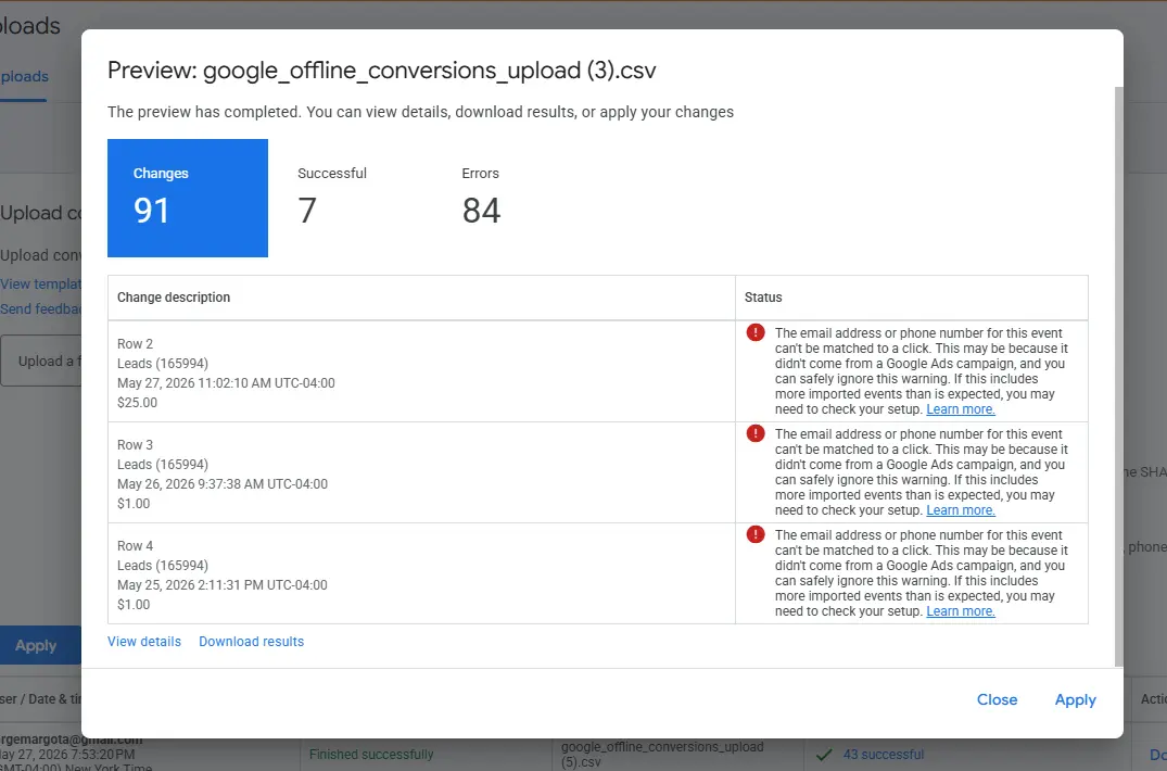 WhatConverts lead export showing parse errors in the Google Ads Conversion column