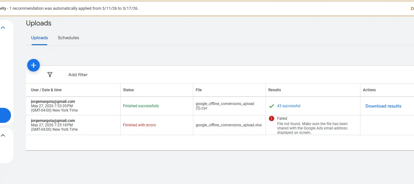 Google Ads upload preview showing 43 of 43 conversions successfully imported after switching to GCLID primary template