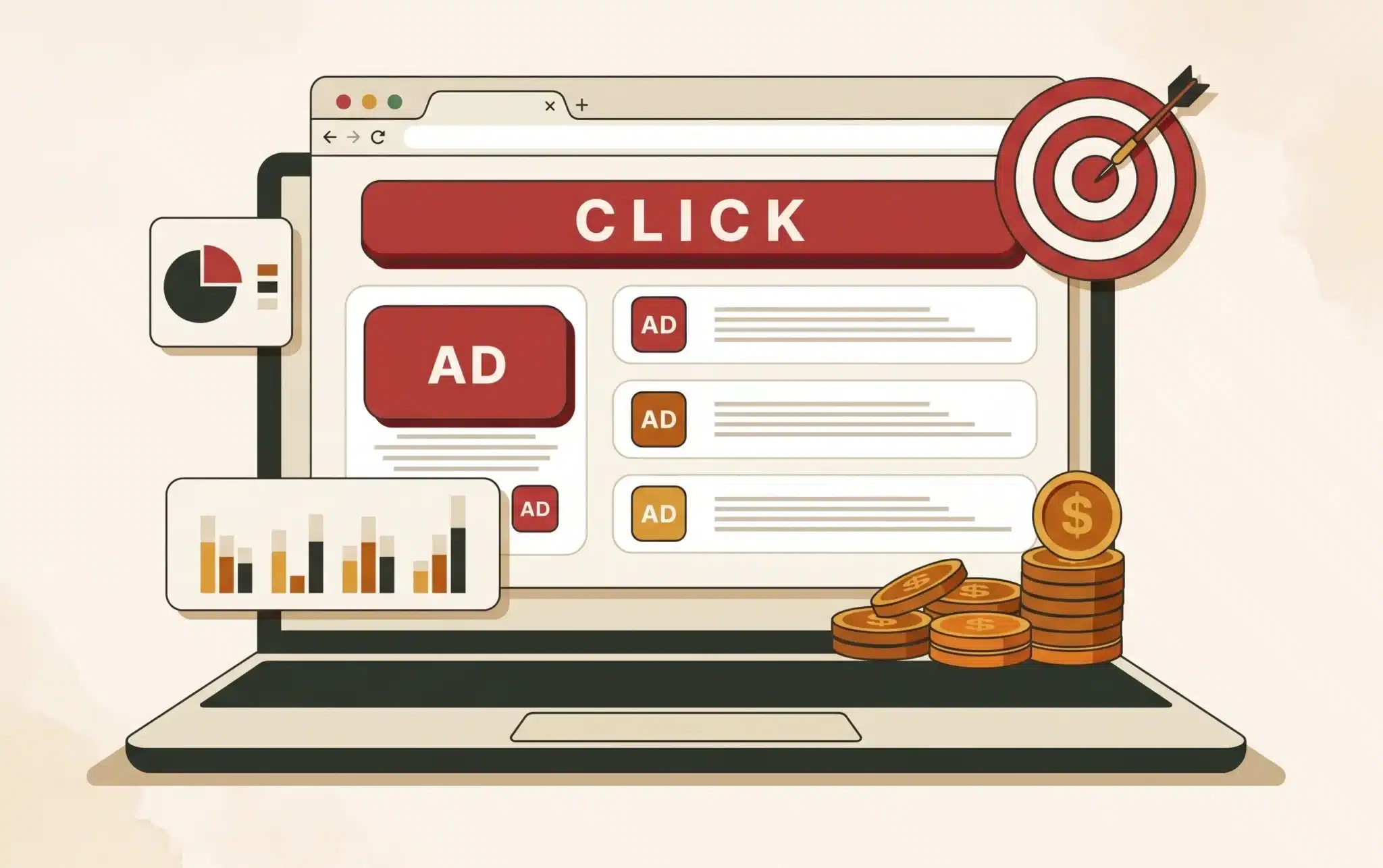 A search results page of paid ad listings, with a target struck by an arrow and a stack of coins beside it
