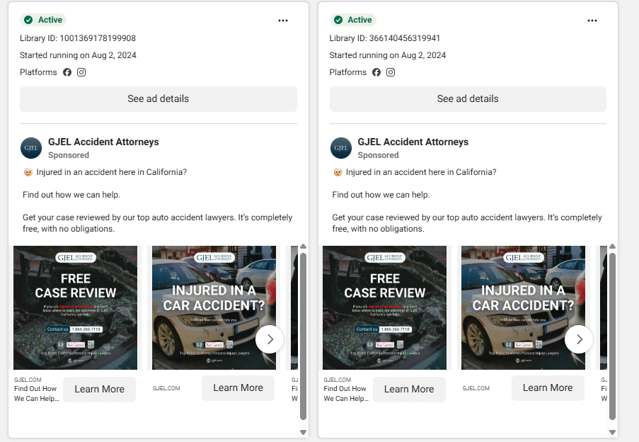 Meta feed and reel ad placements for a law firm campaign
