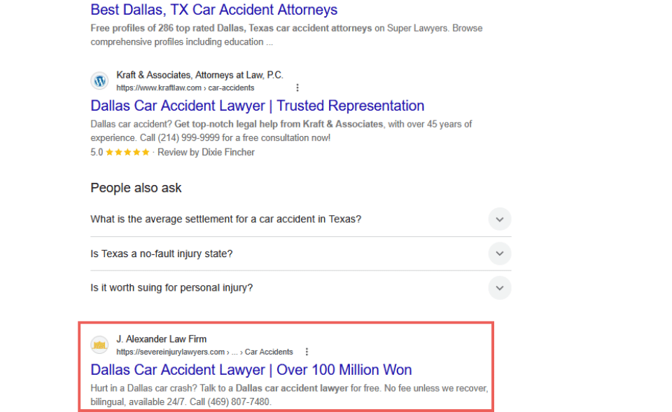 Traditional search results for a Dallas car accident query with J. Alexander Law placed in the blue links