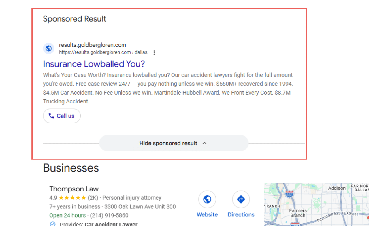 Google Ads placements for a lawyer query shown above the organic results on a Google results page