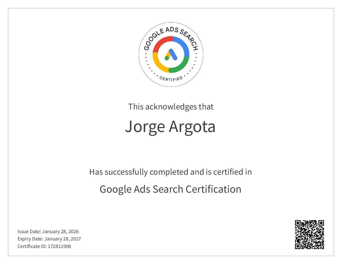 Google Skillshop certificate: Ads Search Certification