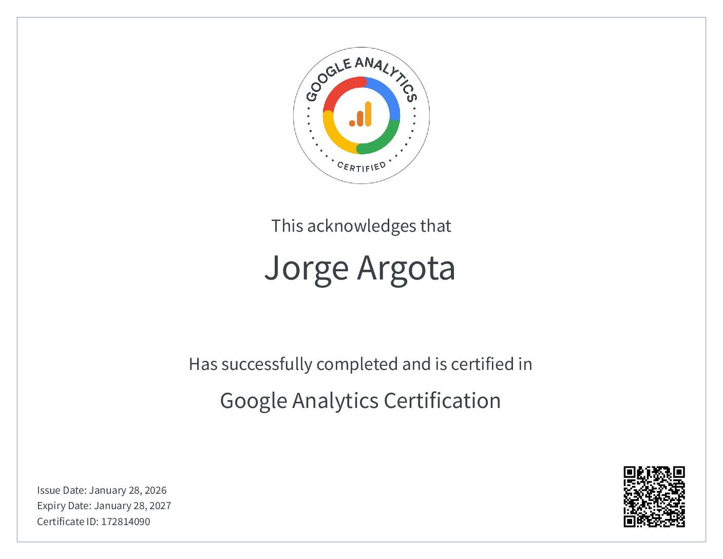 Google Skillshop certificate: Analytics 4 Certification