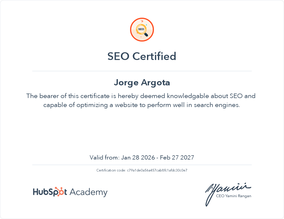 HubSpot Academy certificate: SEO Certified