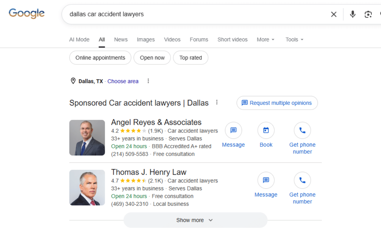 Local Services Ads placements for lawyers shown at the top of a Google results page