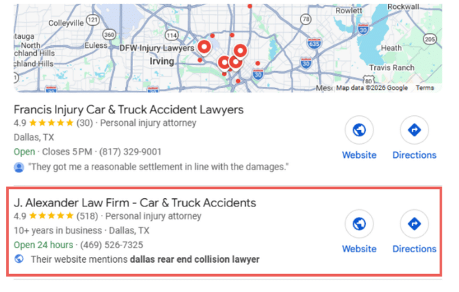 Google Map Pack local position for J. Alexander Law