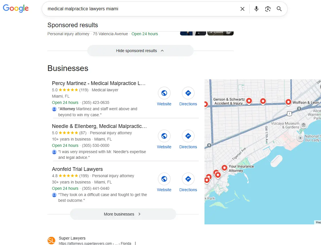 Google results for medical malpractice lawyers miami, with Percy Martinez first in the local business pack