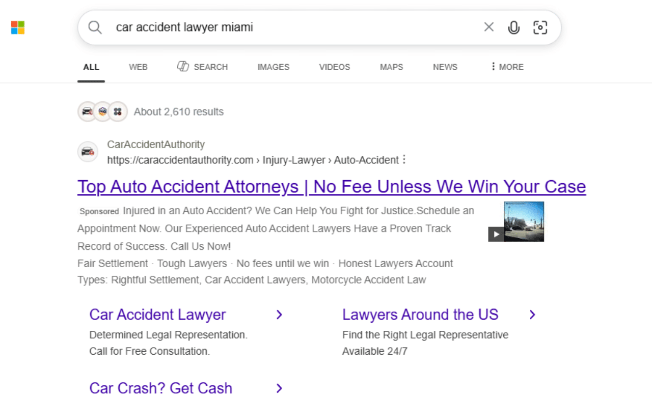 Microsoft Bing search results showing personal injury ads for a law firm