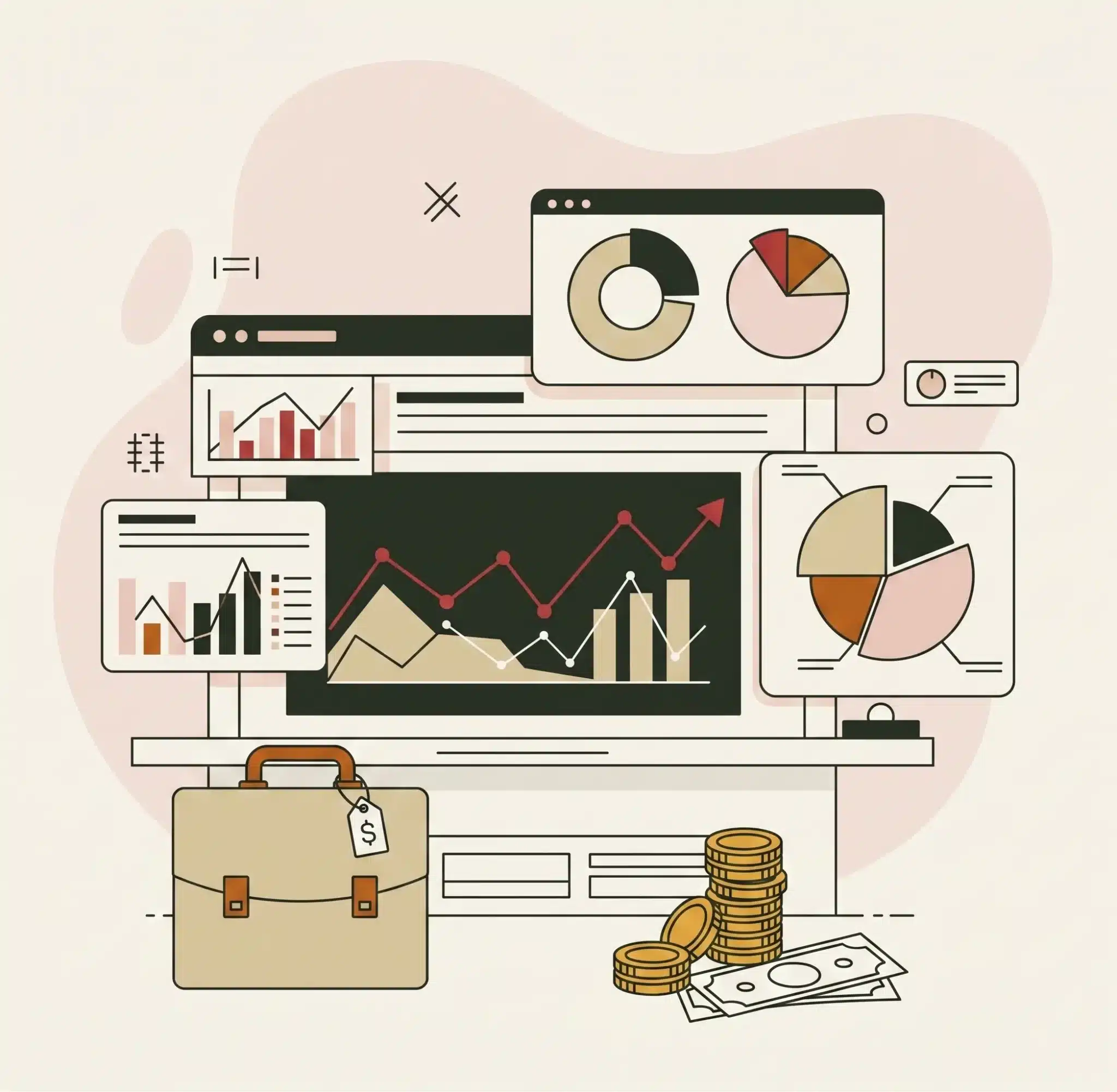 Analytics dashboards and charts above a briefcase of accounts, with coins and notes beside it