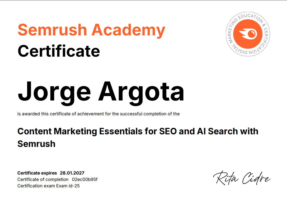SEMrush Academy certificate: SEO and AI Certified